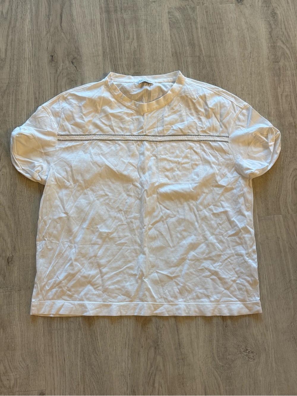 Brunello Cucinelli White with Metallic detail stripe t shirt size medium *hole*